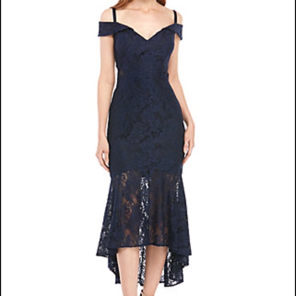 XSCAPE Navy Off The Shoulder Lace Midi Flounce Dress